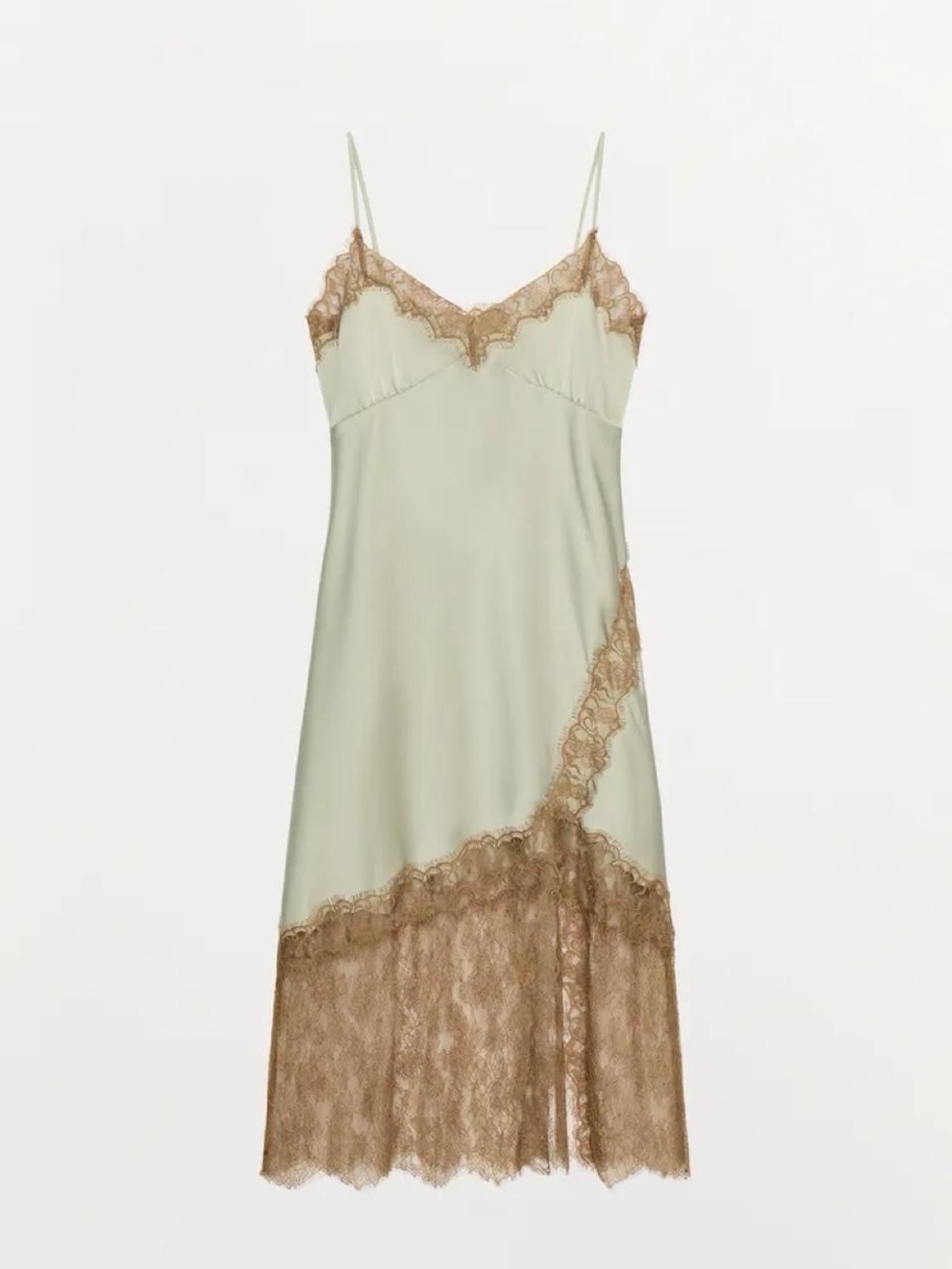 Zara Pale Green Slip Dress with Brown Lace Trim